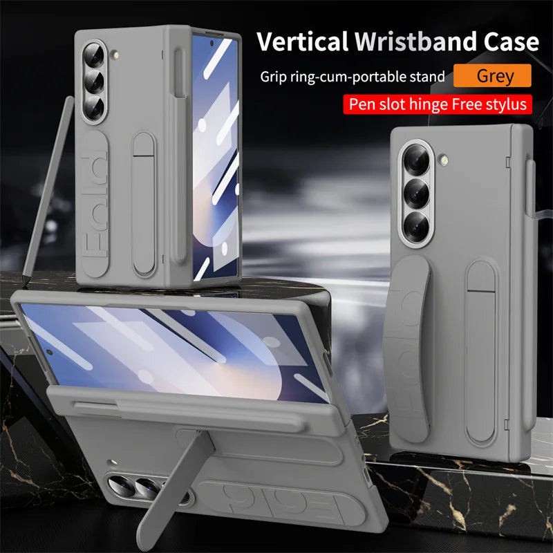 Wrist Strap Hinge Phone Case for Galaxy Z Fold 6 5 4 3 with Pen Holder & S Pen Screen Protector Film Cover