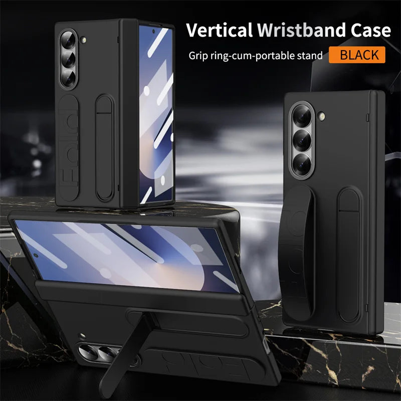 Wrist Strap Hinge Phone Case for Galaxy Z Fold 6 5 4 3 with Pen Holder & S Pen Screen Protector Film Cover