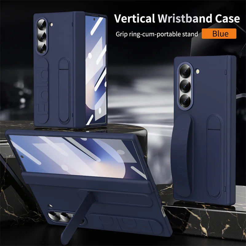 Wrist Strap Hinge Phone Case for Galaxy Z Fold 6 5 4 3 with Pen Holder & S Pen Screen Protector Film Cover