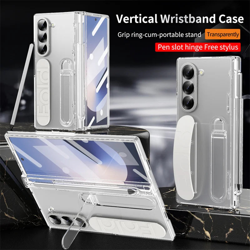 Wrist Strap Hinge Phone Case for Galaxy Z Fold 6 5 4 3 with Pen Holder & S Pen Screen Protector Film Cover