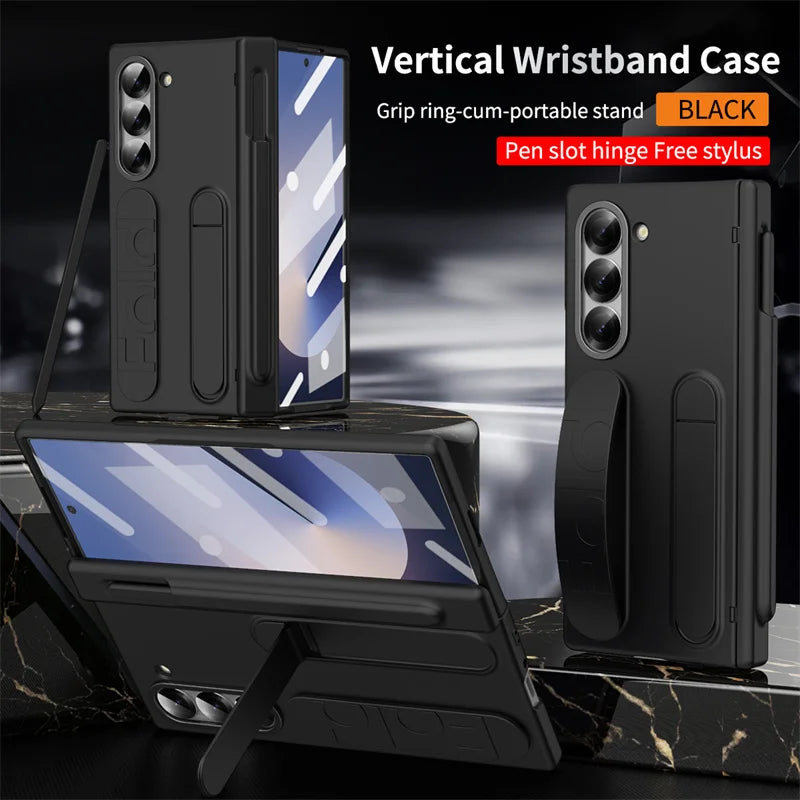 Wrist Strap Hinge Phone Case for Galaxy Z Fold 6 5 4 3 with Pen Holder & S Pen Screen Protector Film Cover