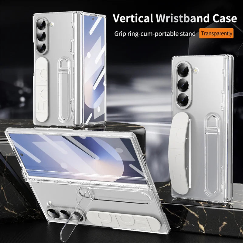 Wrist Strap Hinge Phone Case for Galaxy Z Fold 6 5 4 3 with Pen Holder & S Pen Screen Protector Film Cover