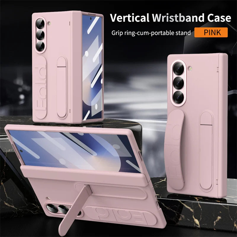 Wrist Strap Hinge Phone Case for Galaxy Z Fold 6 5 4 3 with Pen Holder & S Pen Screen Protector Film Cover