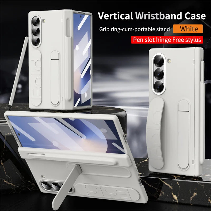 Wrist Strap Hinge Phone Case for Galaxy Z Fold 6 5 4 3 with Pen Holder & S Pen Screen Protector Film Cover