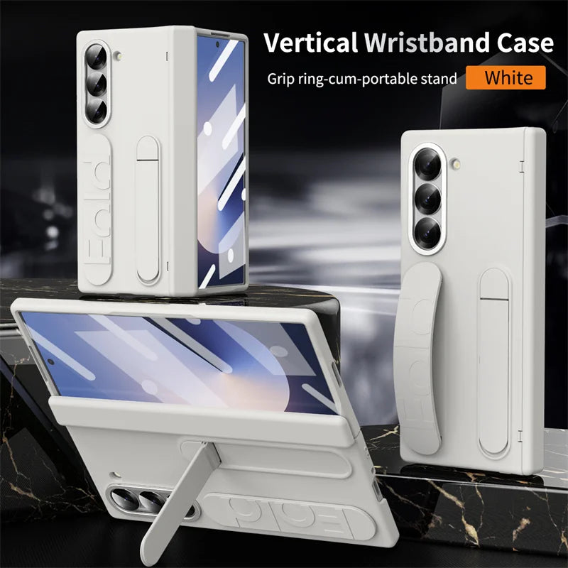 Wrist Strap Hinge Phone Case for Galaxy Z Fold 6 5 4 3 with Pen Holder & S Pen Screen Protector Film Cover