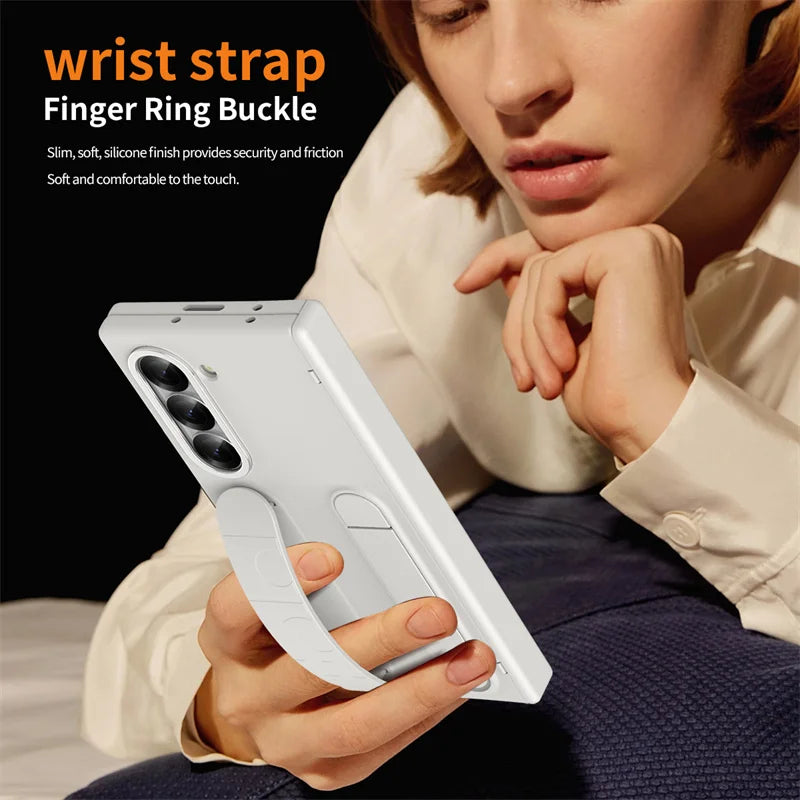 Wrist Strap Hinge Phone Case for Galaxy Z Fold 6 5 4 3 with Pen Holder & S Pen Screen Protector Film Cover