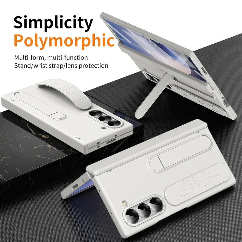 Wrist Strap Hinge Phone Case for Galaxy Z Fold 6 5 4 3 with Pen Holder & S Pen Screen Protector Film Cover