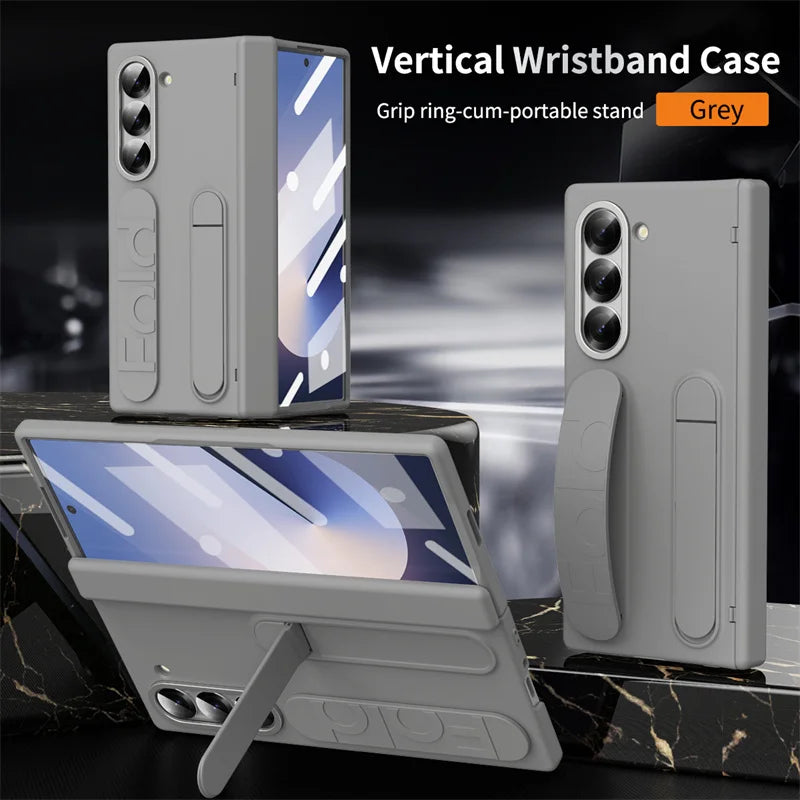 Wrist Strap Hinge Phone Case for Galaxy Z Fold 6 5 4 3 with Pen Holder & S Pen Screen Protector Film Cover