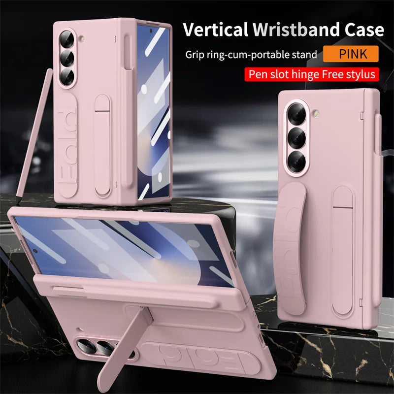 Wrist Strap Hinge Phone Case for Galaxy Z Fold 6 5 4 3 with Pen Holder & S Pen Screen Protector Film Cover