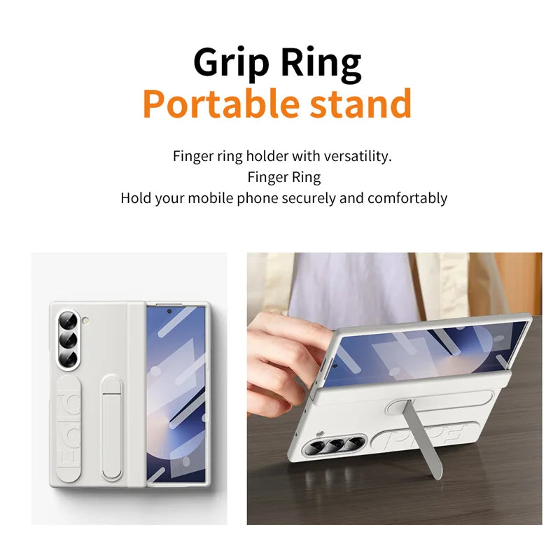 Wrist Strap Hinge Phone Case for Galaxy Z Fold 6 5 4 3 with Pen Holder & S Pen Screen Protector Film Cover