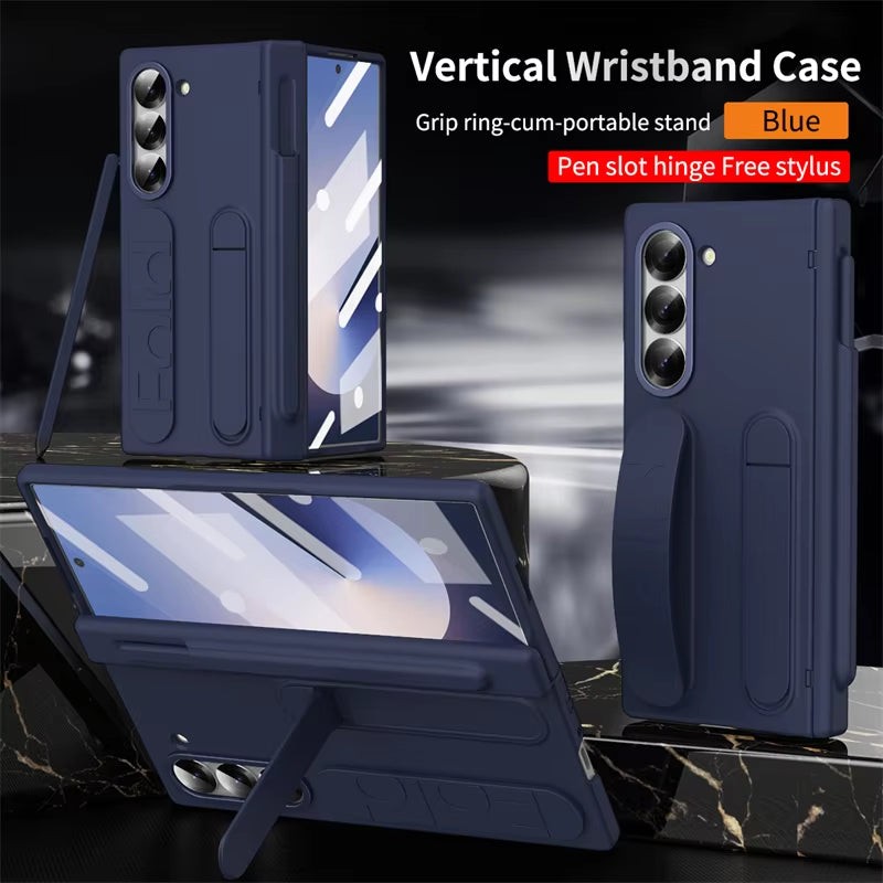 Wrist Strap Hinge Phone Case for Galaxy Z Fold 6 5 4 3 with Pen Holder & S Pen Screen Protector Film Cover