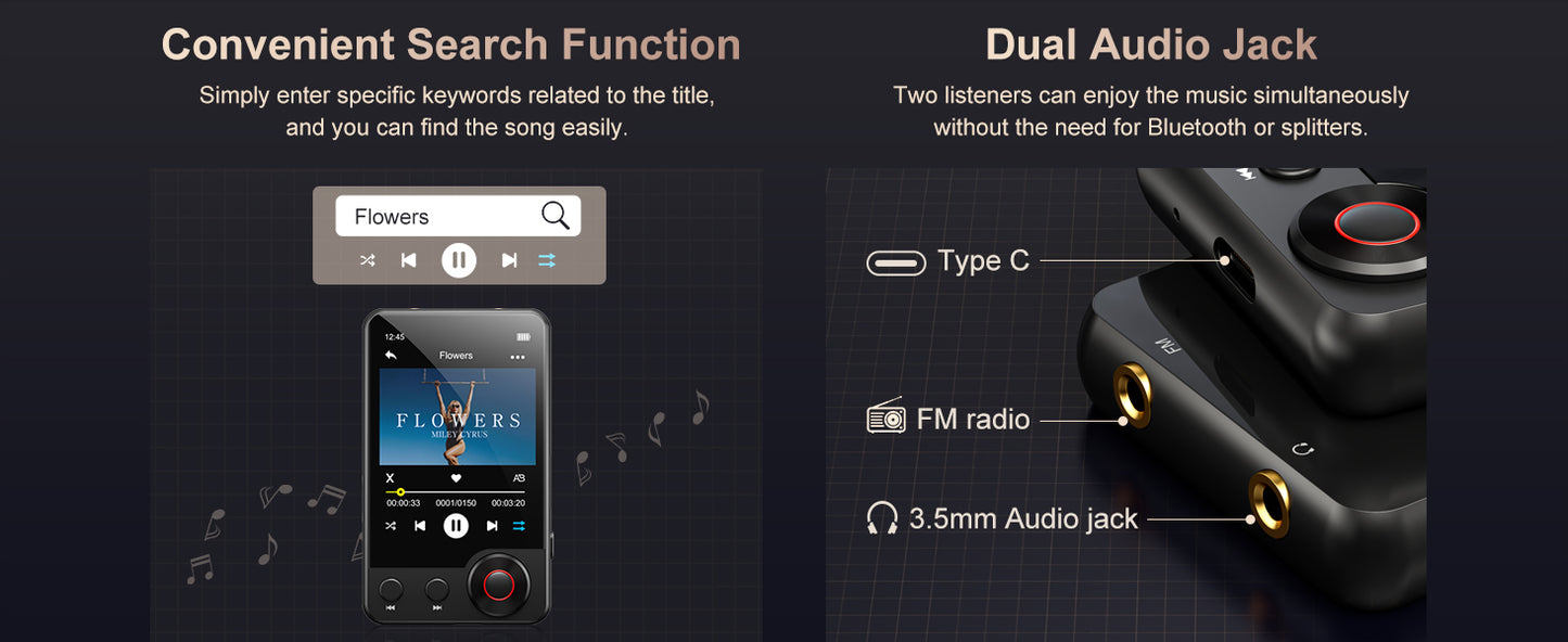 MECHEN D53 128 GB Bluetooth 5.3 MP3 Player – 2.4″ Full Touchscreen & HiFi Speaker