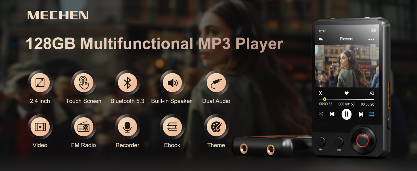 MECHEN D53 128 GB Bluetooth 5.3 MP3 Player – 2.4″ Full Touchscreen & HiFi Speaker