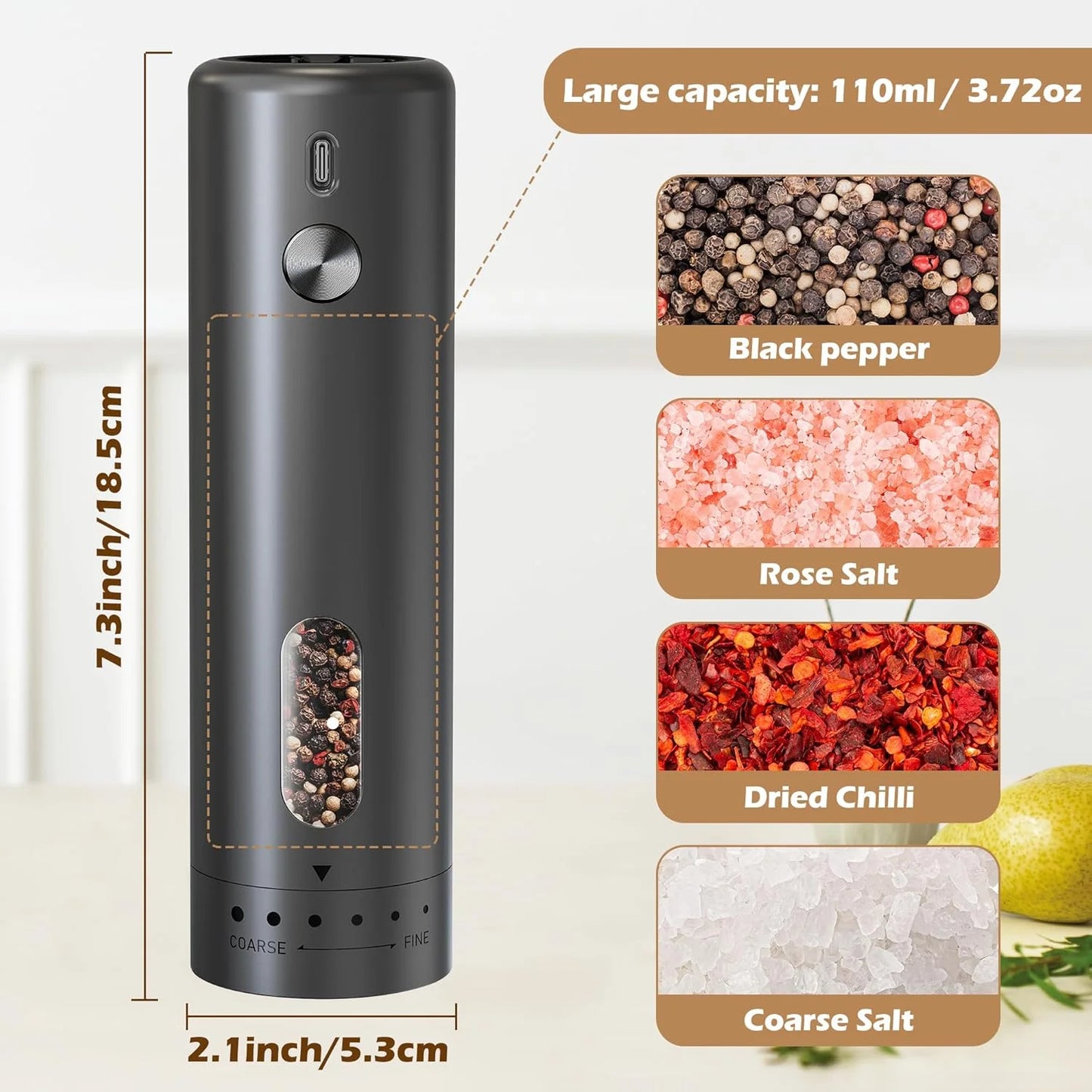 Rechargeable Electric Salt & Pepper Grinder – Adjustable Coarseness, Large Capacity Mill