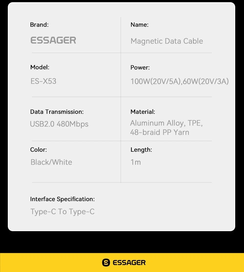 Essager 100W Magnetic USB-C Cable – PD 3.1, Detachable Connector, Braided Nylon for iPhone 15, MacBook, Samsung