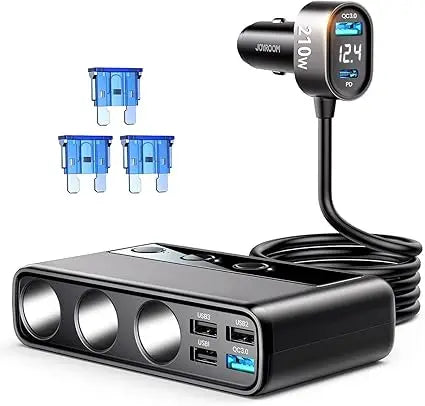 Joyroom 210W 9-in-1 Car Charger Adapter – PD 3.0, Dual QC 3.0, 3 DC Sockets, Independent Switches, LED Voltage Display