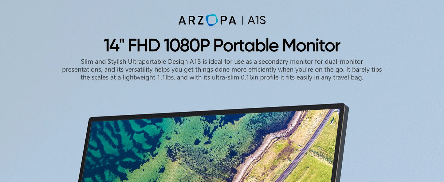 ARZOPA A1S 14″ FHD IPS Portable Monitor – USB‑C + HDMI, Ultra‑Slim, 60Hz, Built‑in Speakers