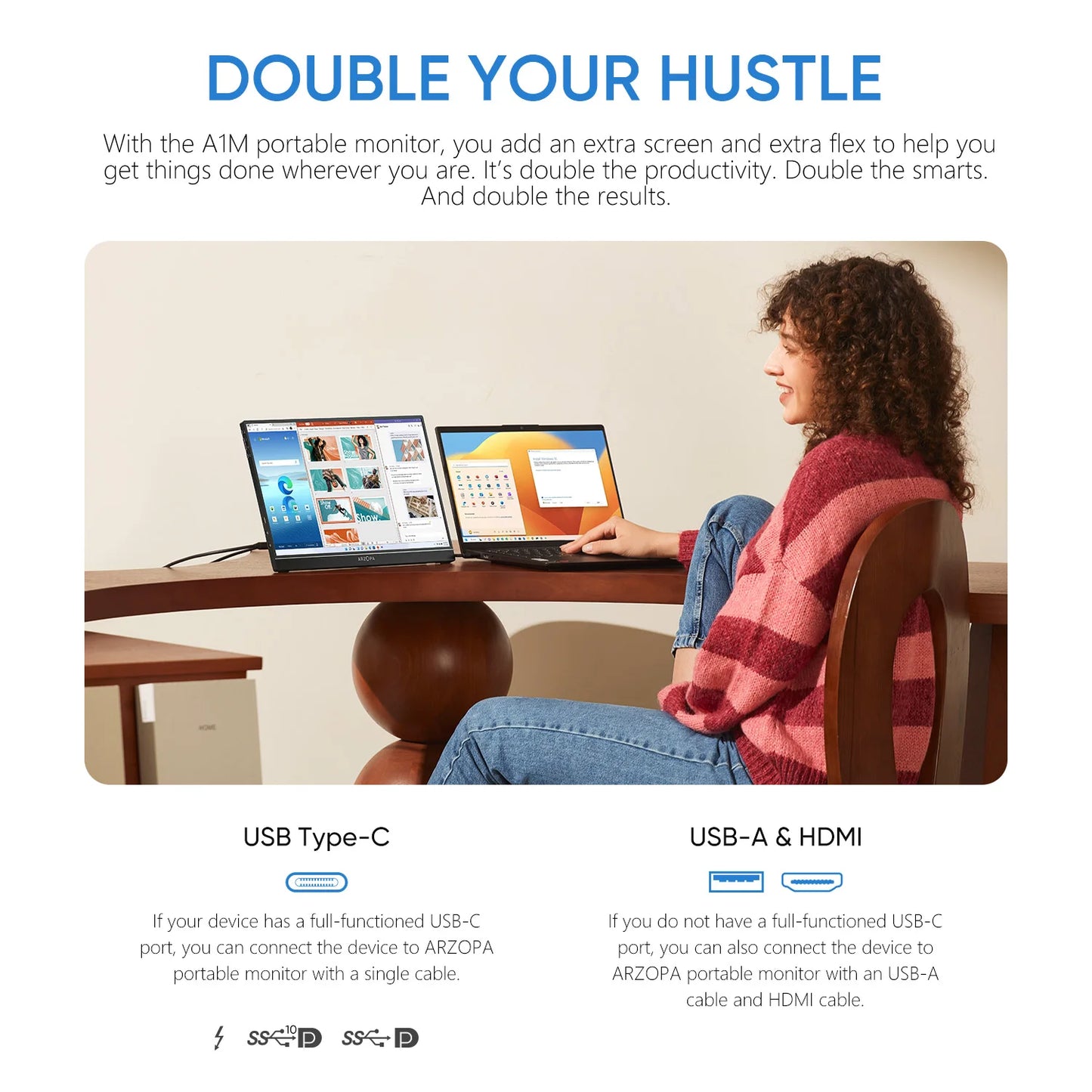 ARZOPA A1S 14″ FHD IPS Portable Monitor – USB‑C + HDMI, Ultra‑Slim, 60Hz, Built‑in Speakers