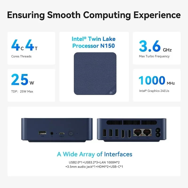 Beelink EQ14 Mini PC – Intel Twin Lake N150, 16GB DDR4, 500GB SSD, Dual LAN, WiFi 6, Windows 11 Pro