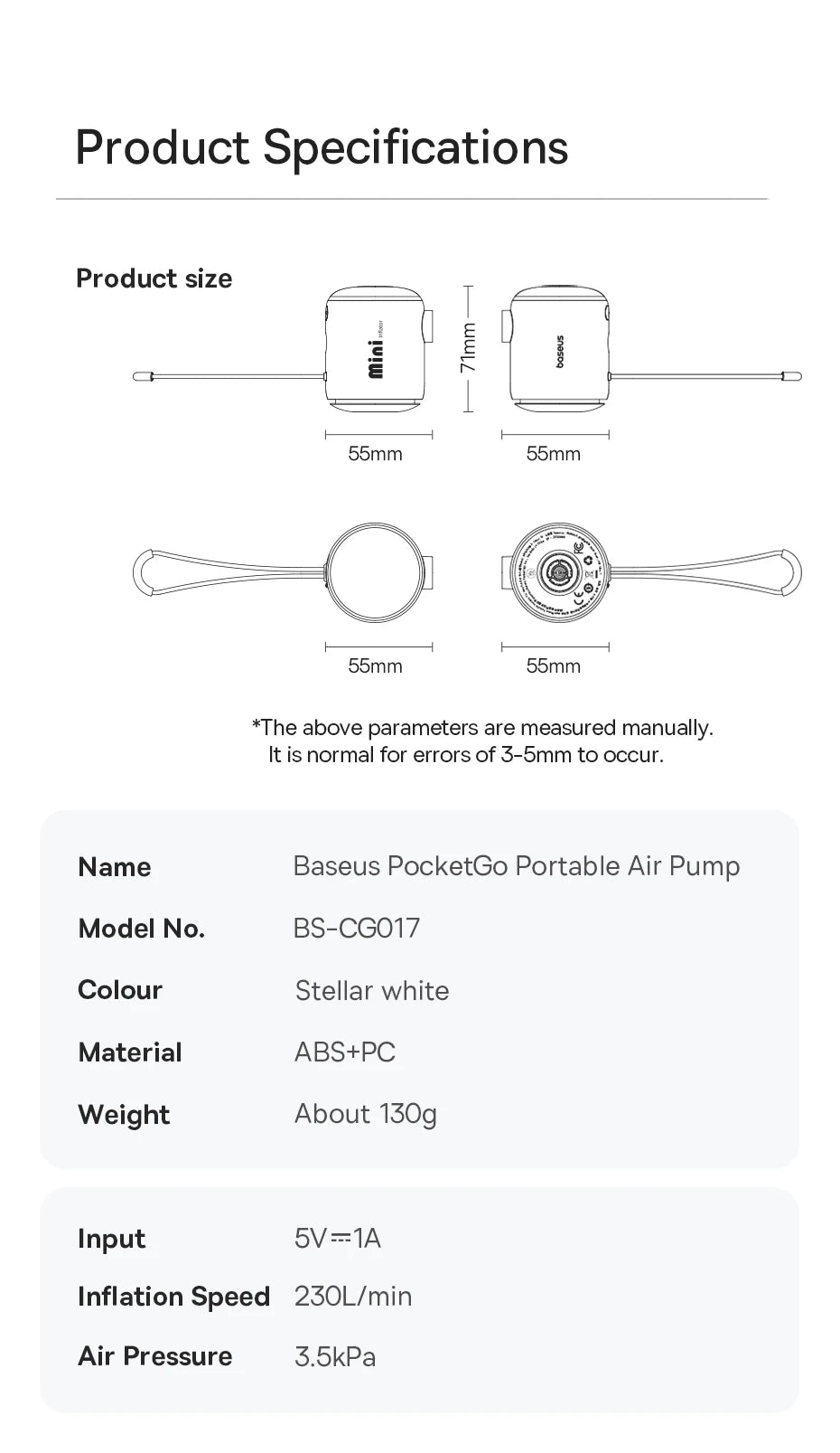 Baseus Wireless Mini Air Compressor – Portable Inflator for Mattresses, Swim Rings & Storage Bags