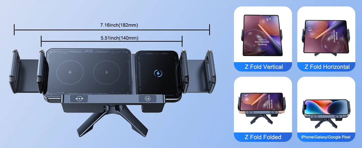 15W Wireless Car Charger Mount – Foldable Screen Phone Stand for Samsung Fold 7/6 & iPhone 17/16