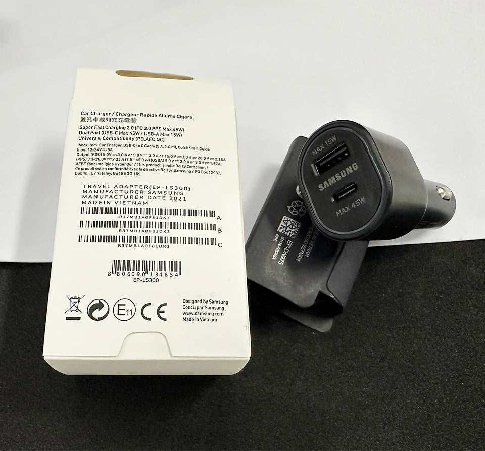 Samsung 45W USB-C Car Charger – Fast Charging for Galaxy M33, M53, Z Fold 7, iPhone 17