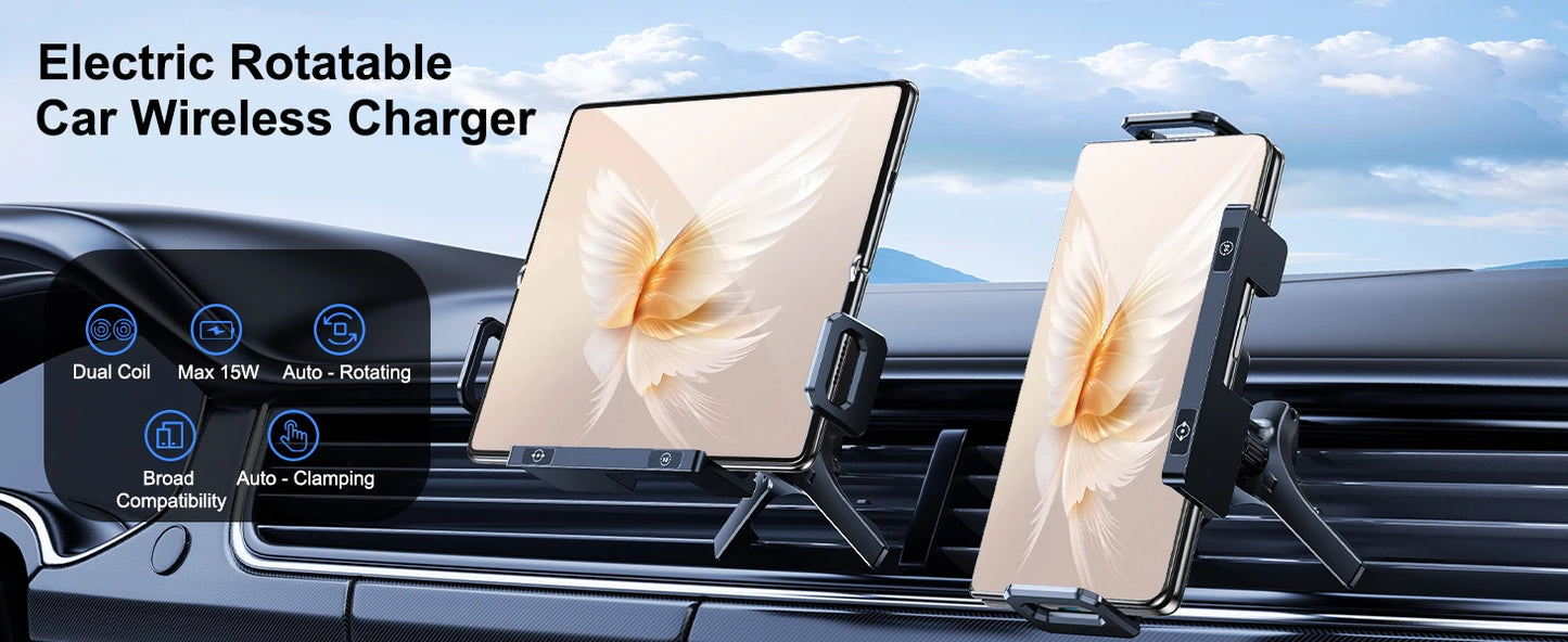 15W Wireless Car Charger Mount – Foldable Screen Phone Stand for Samsung Fold 7/6 & iPhone 17/16