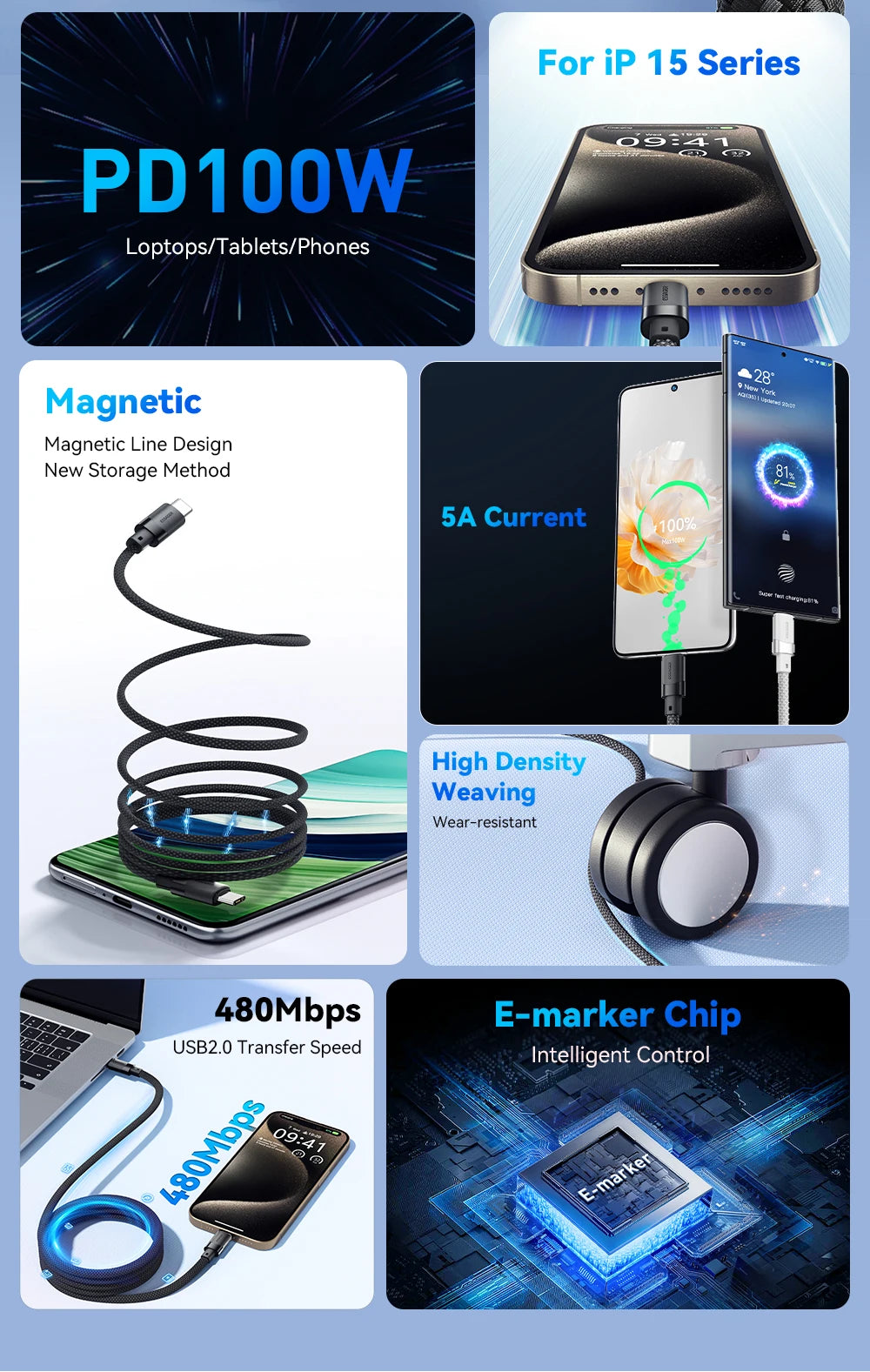 Essager 100W Magnetic USB-C Cable – PD 3.1, Detachable Connector, Braided Nylon for iPhone 15, MacBook, Samsung