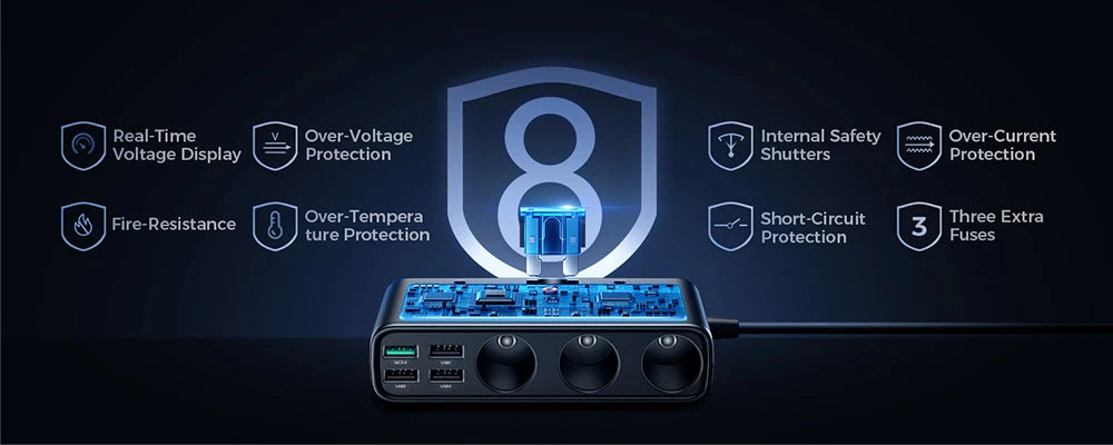 Joyroom 210W 9-in-1 Car Charger Adapter – PD 3.0, Dual QC 3.0, 3 DC Sockets, Independent Switches, LED Voltage Display