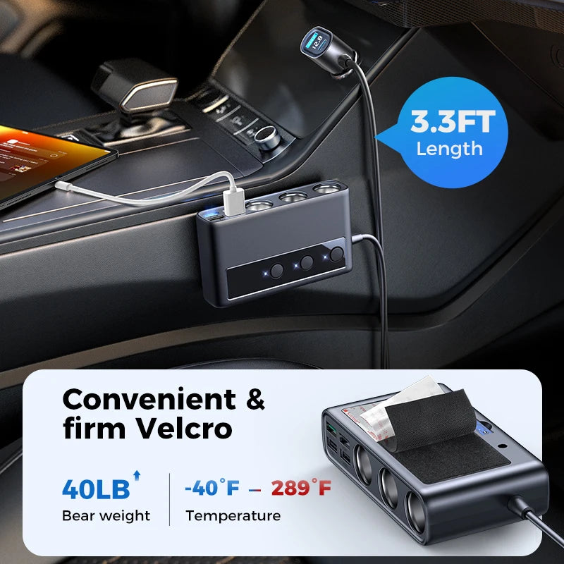 Joyroom 210W 9-in-1 Car Charger Adapter – PD 3.0, Dual QC 3.0, 3 DC Sockets, Independent Switches, LED Voltage Display