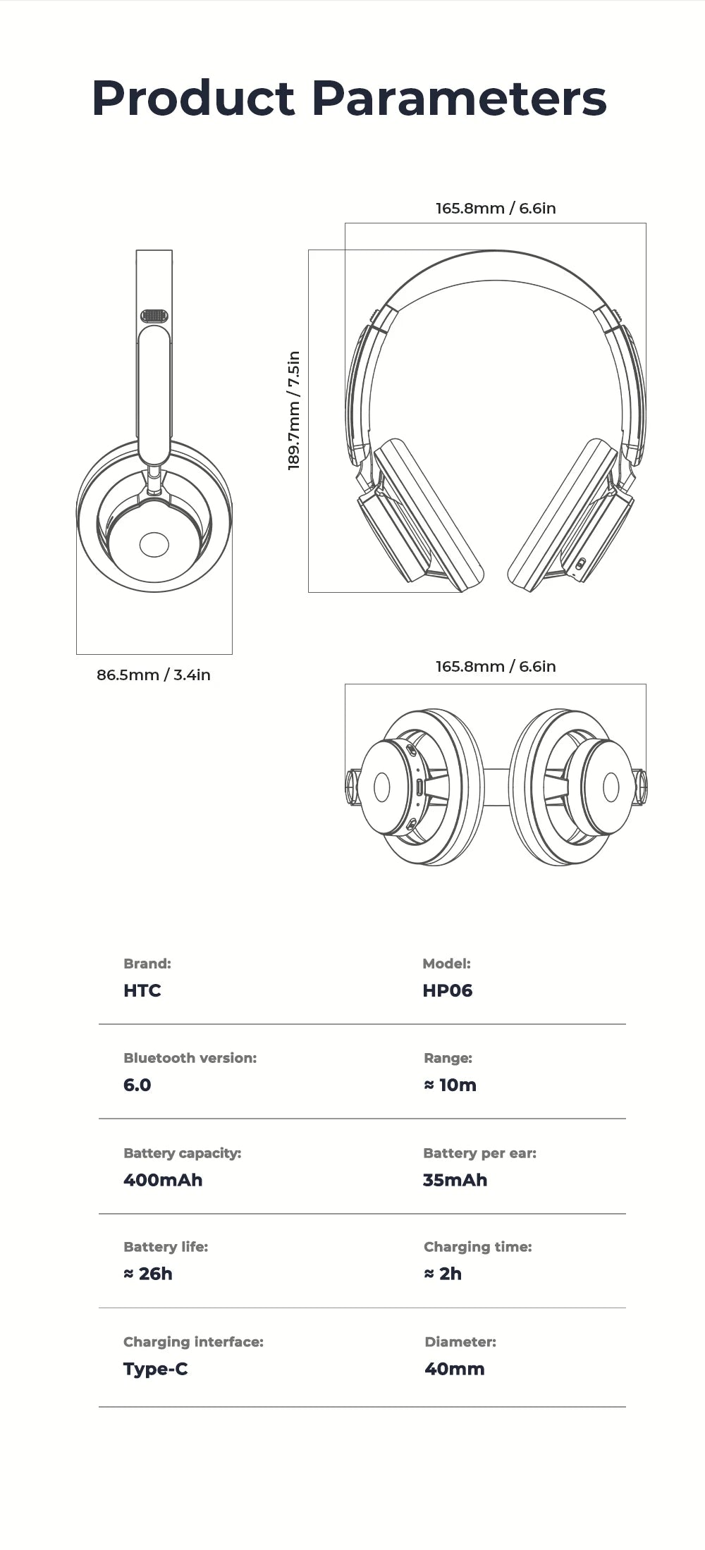 HTC HP06 Bluetooth V6.0 Foldable Wireless Headphones – Punchy Bass, Open Ear‑Airy Design