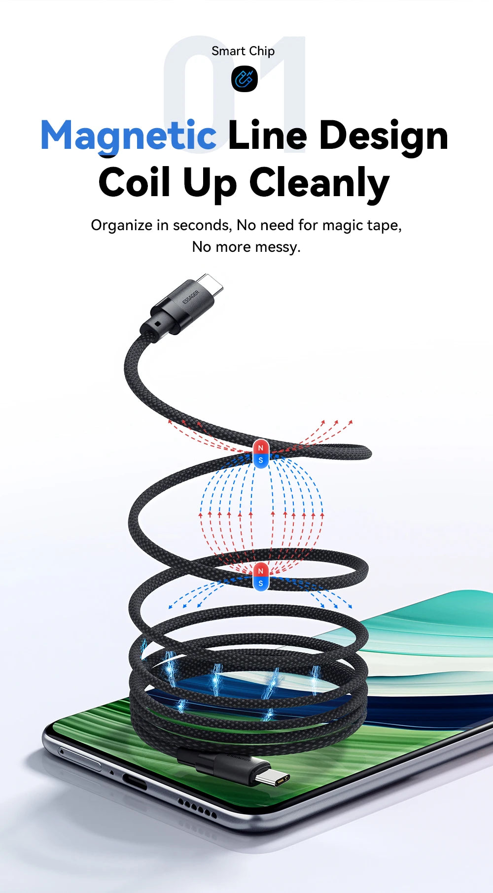 Essager 100W Magnetic USB-C Cable – PD 3.1, Detachable Connector, Braided Nylon for iPhone 15, MacBook, Samsung