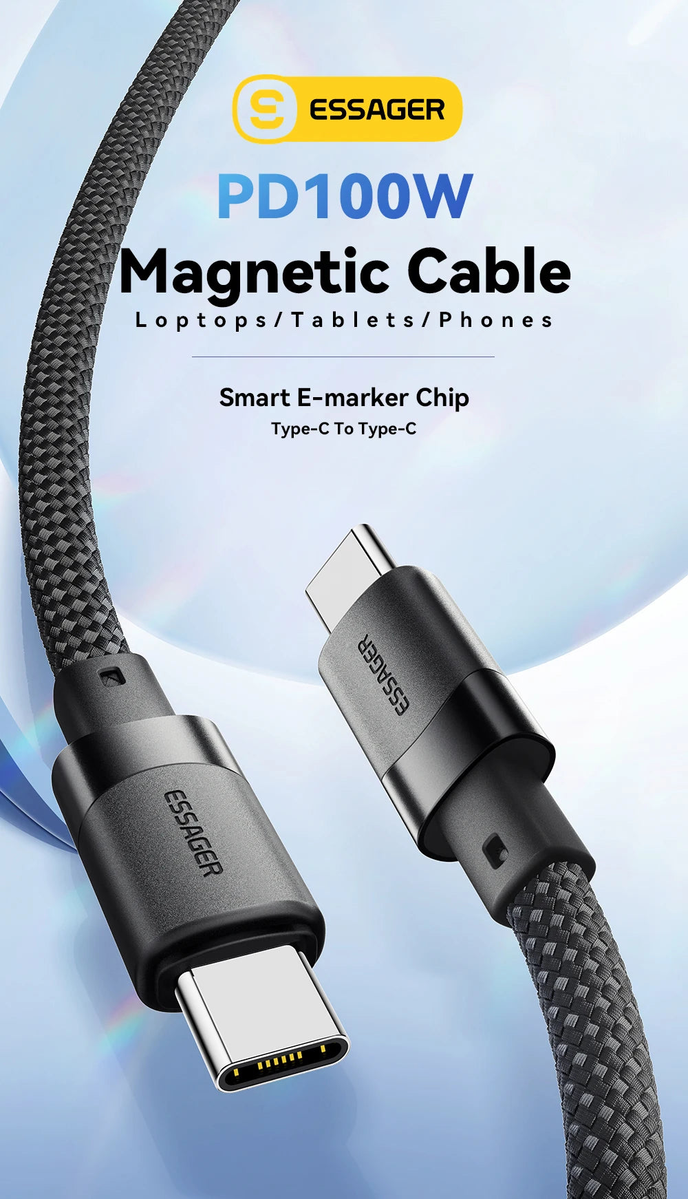 Essager 100W Magnetic USB-C Cable – PD 3.1, Detachable Connector, Braided Nylon for iPhone 15, MacBook, Samsung