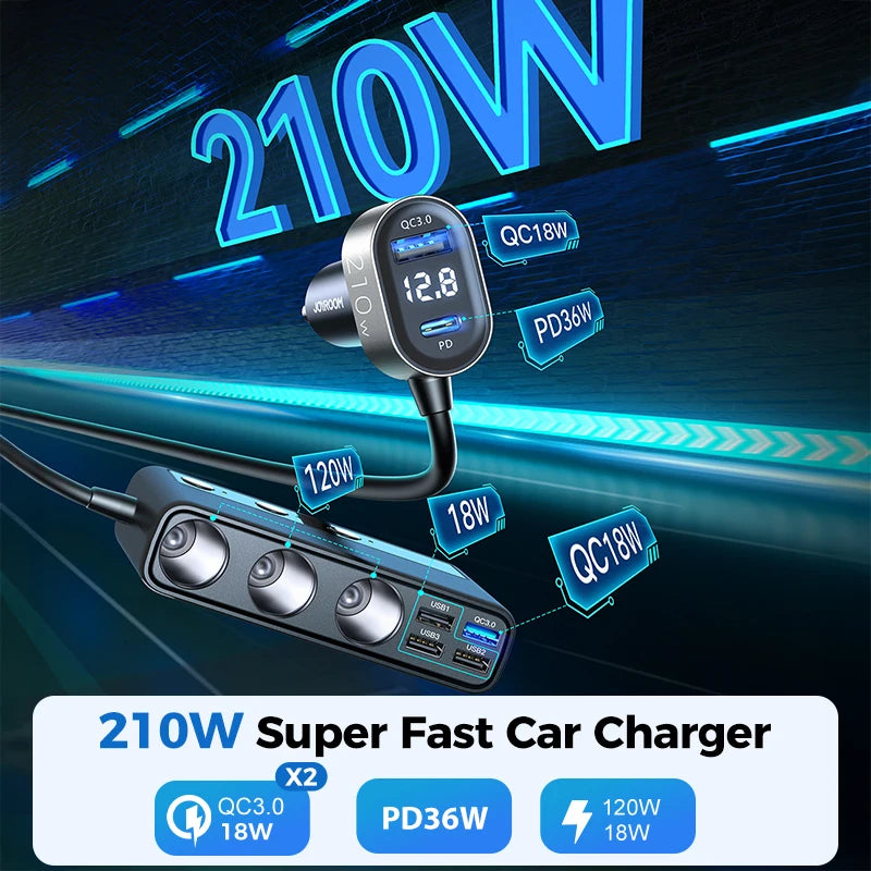 Joyroom 210W 9-in-1 Car Charger Adapter – PD 3.0, Dual QC 3.0, 3 DC Sockets, Independent Switches, LED Voltage Display