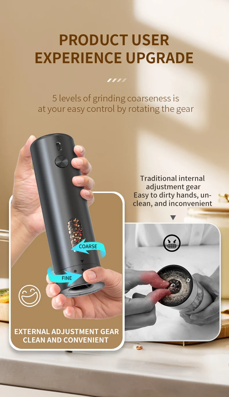 Rechargeable Electric Salt & Pepper Grinder – Adjustable Coarseness, Large Capacity Mill