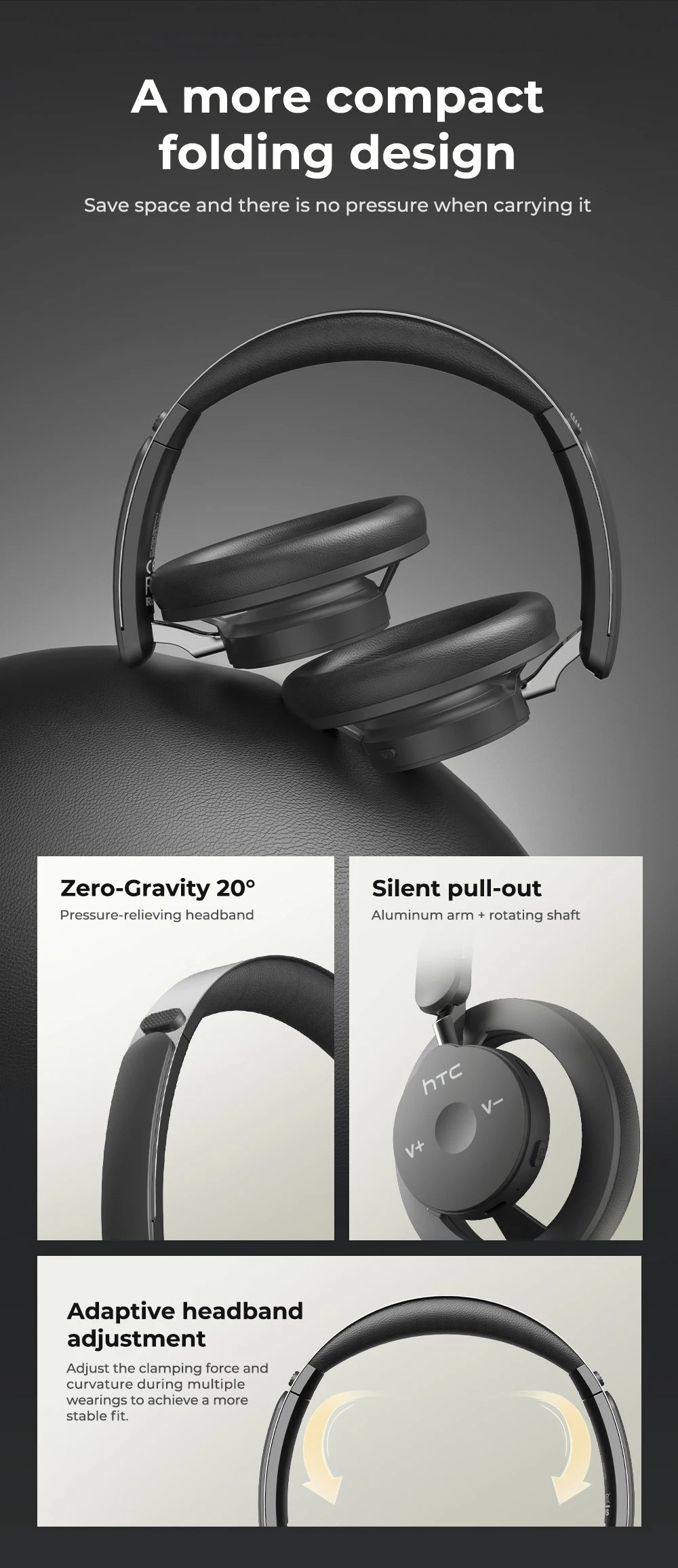 HTC HP06 Bluetooth V6.0 Foldable Wireless Headphones – Punchy Bass, Open Ear‑Airy Design