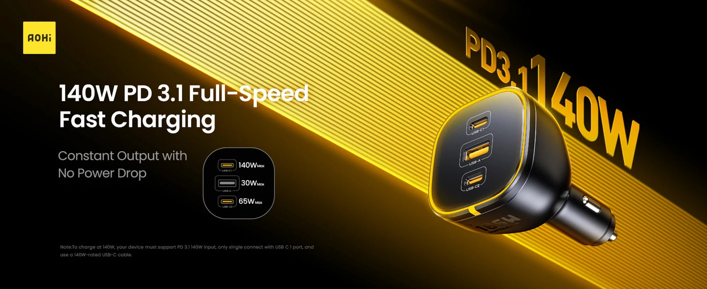 AOHI SUPERAUTO 165W PD Car Charger – Triple USB-C & USB-A Ports, Fast Charging for iPhone 16, Galaxy S23 Ultra, MacBook