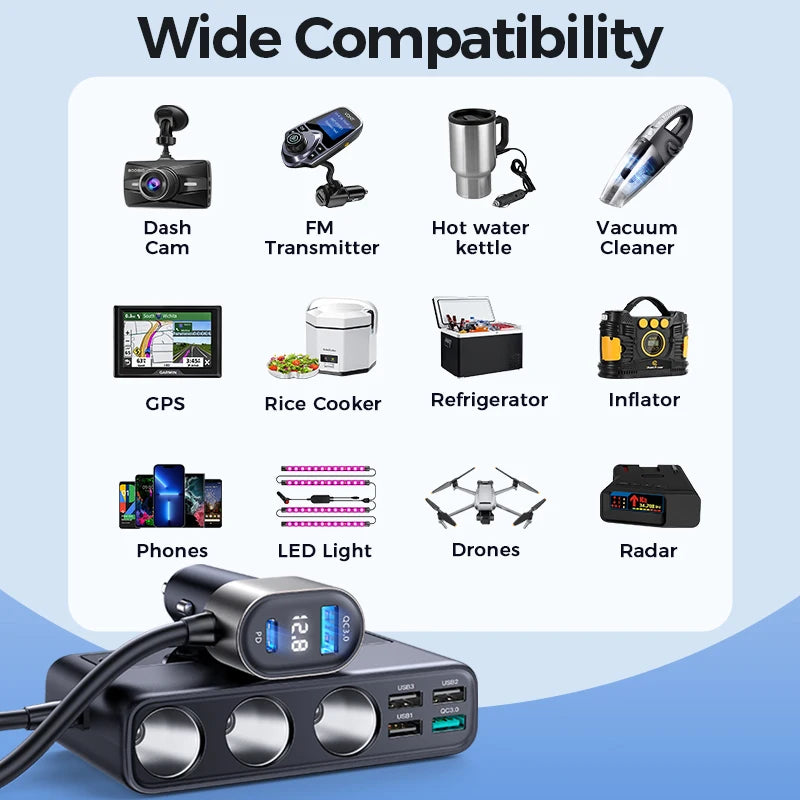 Joyroom 210W 9-in-1 Car Charger Adapter – PD 3.0, Dual QC 3.0, 3 DC Sockets, Independent Switches, LED Voltage Display