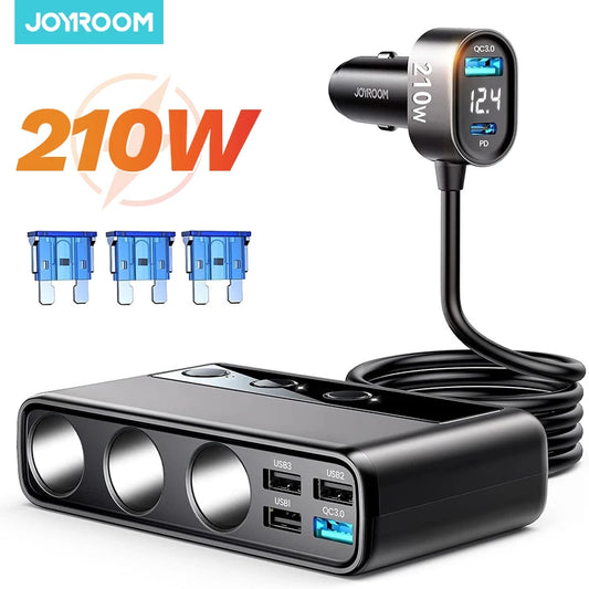 Joyroom 210W 9-in-1 Car Charger Adapter – PD 3.0, Dual QC 3.0, 3 DC Sockets, Independent Switches, LED Voltage Display