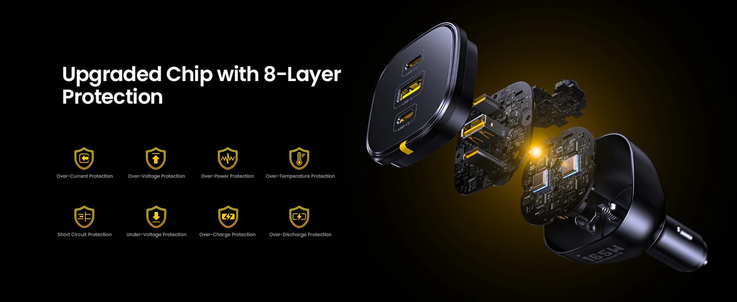 AOHI SUPERAUTO 165W PD Car Charger – Triple USB-C & USB-A Ports, Fast Charging for iPhone 16, Galaxy S23 Ultra, MacBook