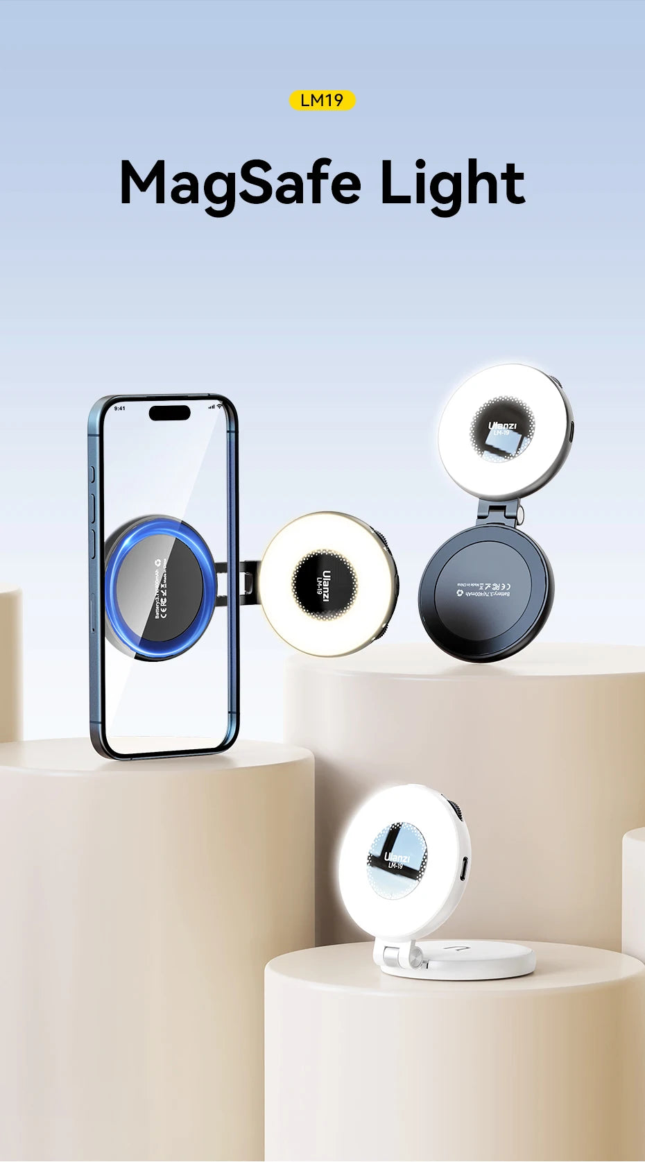 Ulanzi LM19 MagSafe Bi‑Color Flip Fill Light – CRI 95+, For Vlogs, Live Streaming & Mobile Photography