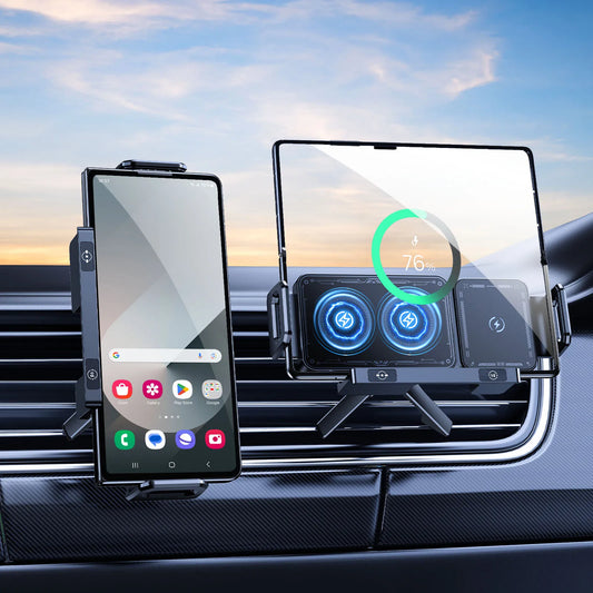 15W Wireless Car Charger Mount – Foldable Screen Phone Stand for Samsung Fold 7/6 & iPhone 17/16