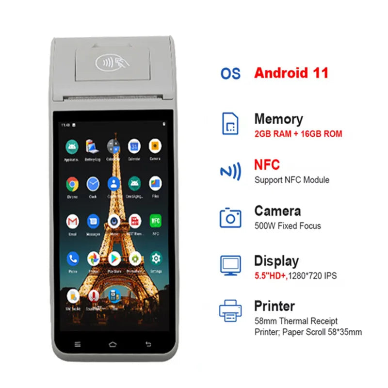 Z91 Android 11 Handheld POS Terminal with 58mm Thermal Printer, 4G, Bluetooth & NFC