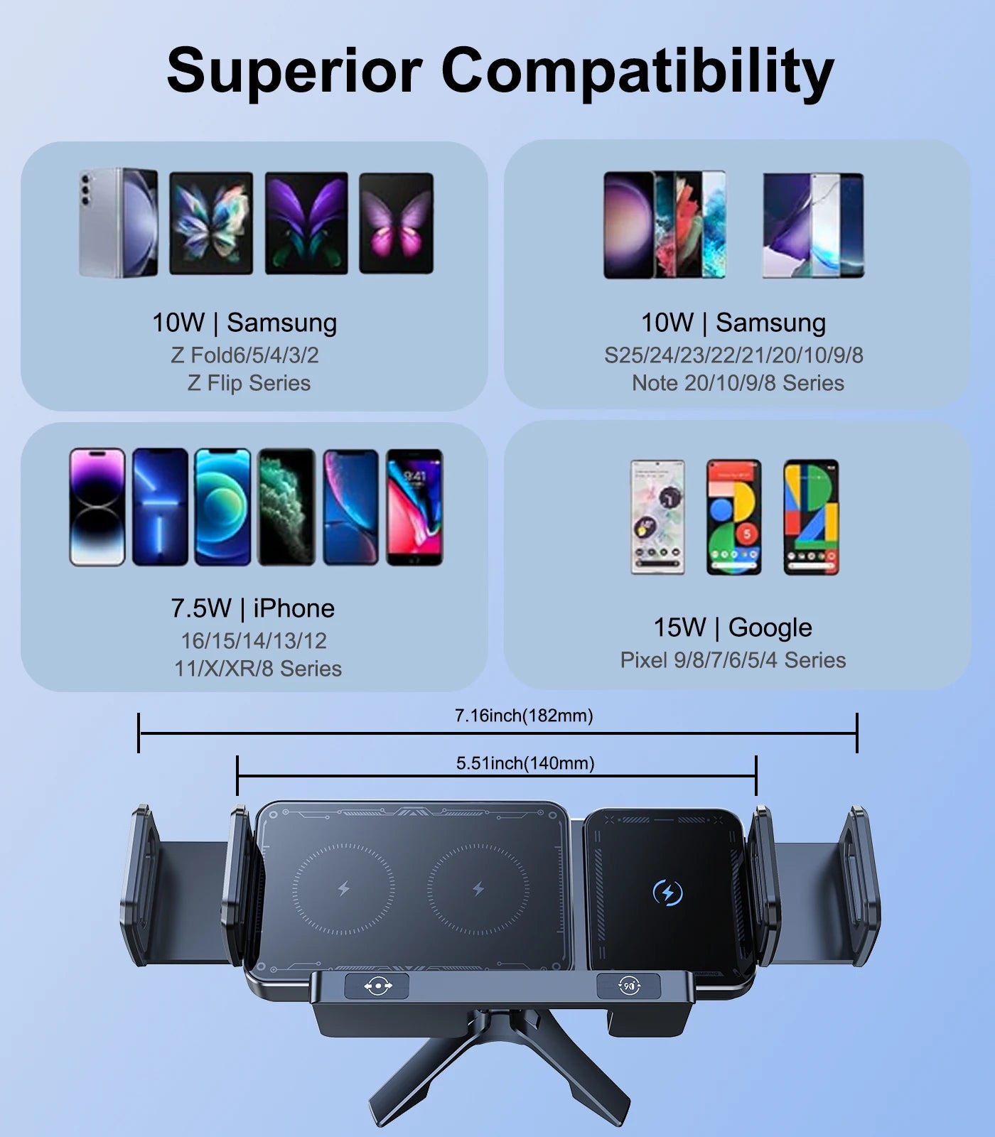 15W Wireless Car Charger Mount – Foldable Screen Phone Stand for Samsung Fold 7/6 & iPhone 17/16