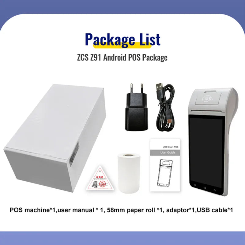 Z91 Android 11 Handheld POS Terminal with 58mm Thermal Printer, 4G, Bluetooth & NFC
