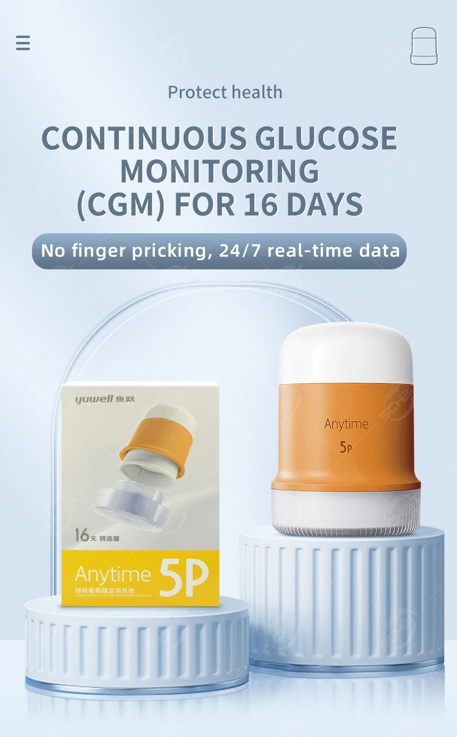 Yuwell Anytime 5P CGM – 16-Day Continuous Glucose Monitoring System with Real-Time Alerts