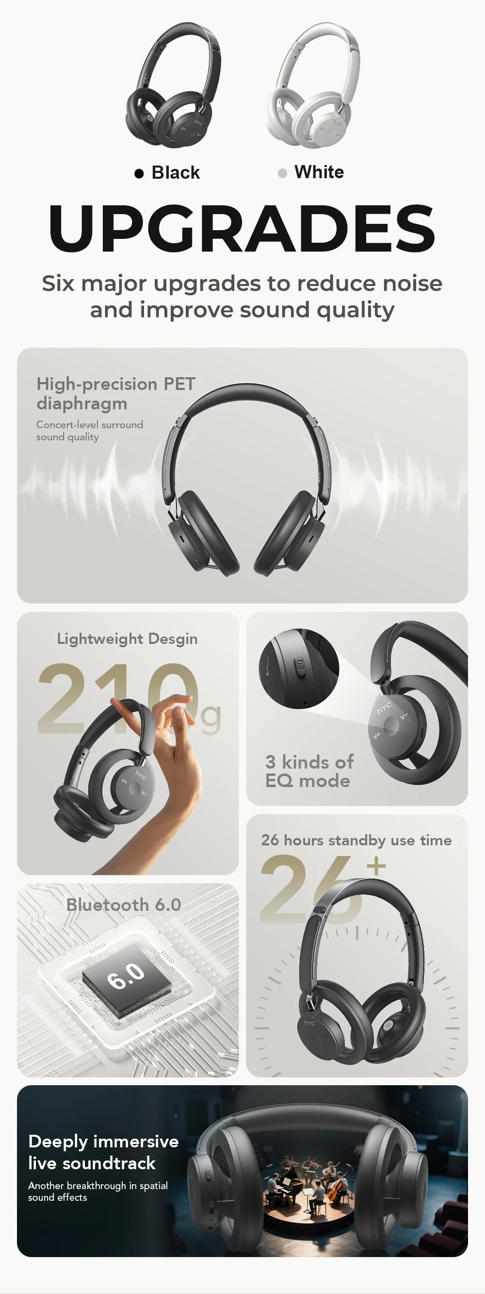 HTC HP06 Bluetooth V6.0 Foldable Wireless Headphones – Punchy Bass, Open Ear‑Airy Design