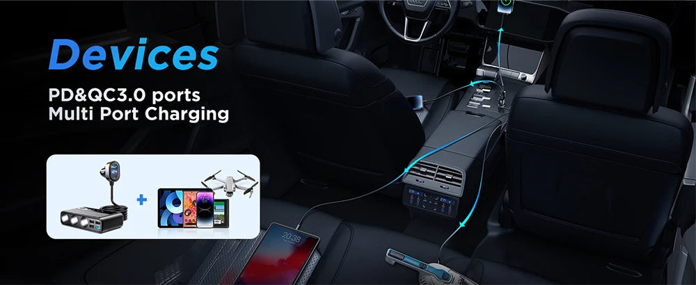 Joyroom 210W 9-in-1 Car Charger Adapter – PD 3.0, Dual QC 3.0, 3 DC Sockets, Independent Switches, LED Voltage Display