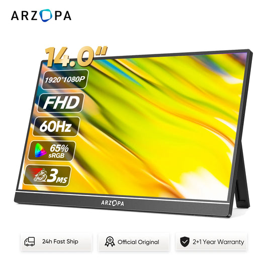 ARZOPA A1S 14″ FHD IPS Portable Monitor – USB‑C + HDMI, Ultra‑Slim, 60Hz, Built‑in Speakers