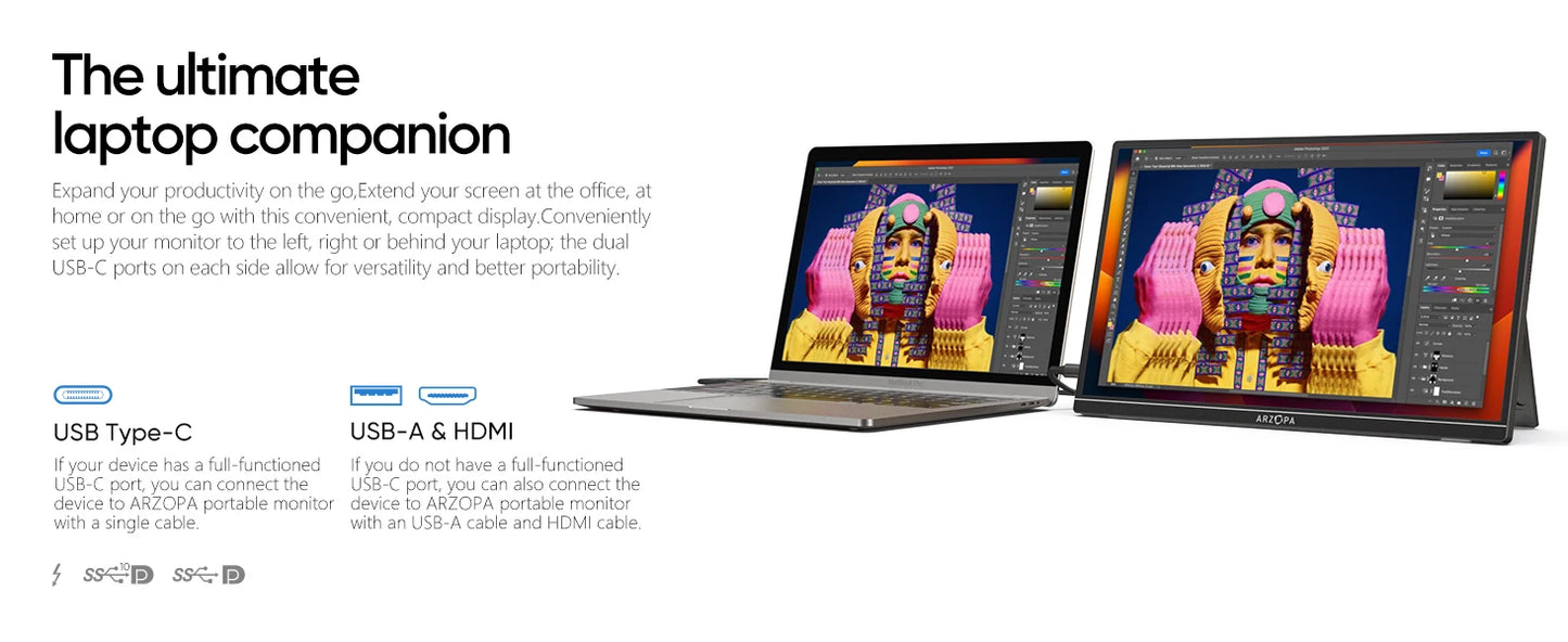 ARZOPA A1S 14″ FHD IPS Portable Monitor – USB‑C + HDMI, Ultra‑Slim, 60Hz, Built‑in Speakers